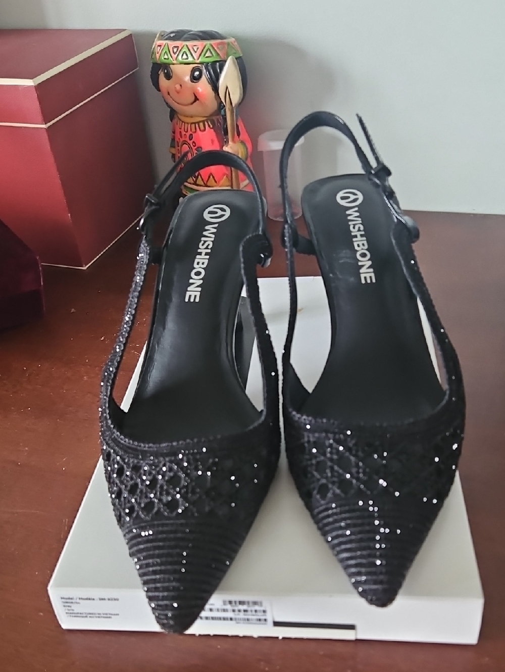 Wishbone Black Beaded Pointed Slingback Heels